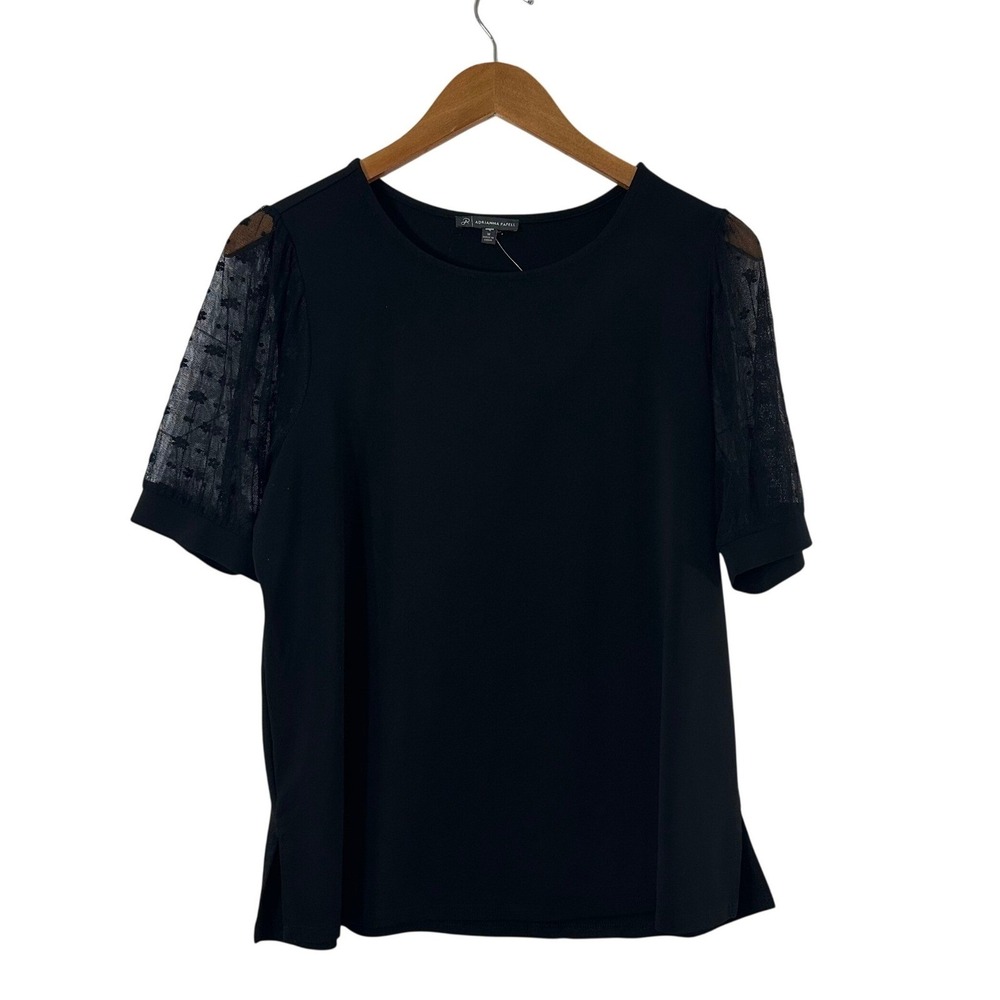 Adrianna Papell Black Lace Puff Short Sleeve Cotton Blend Blouse Top Medium